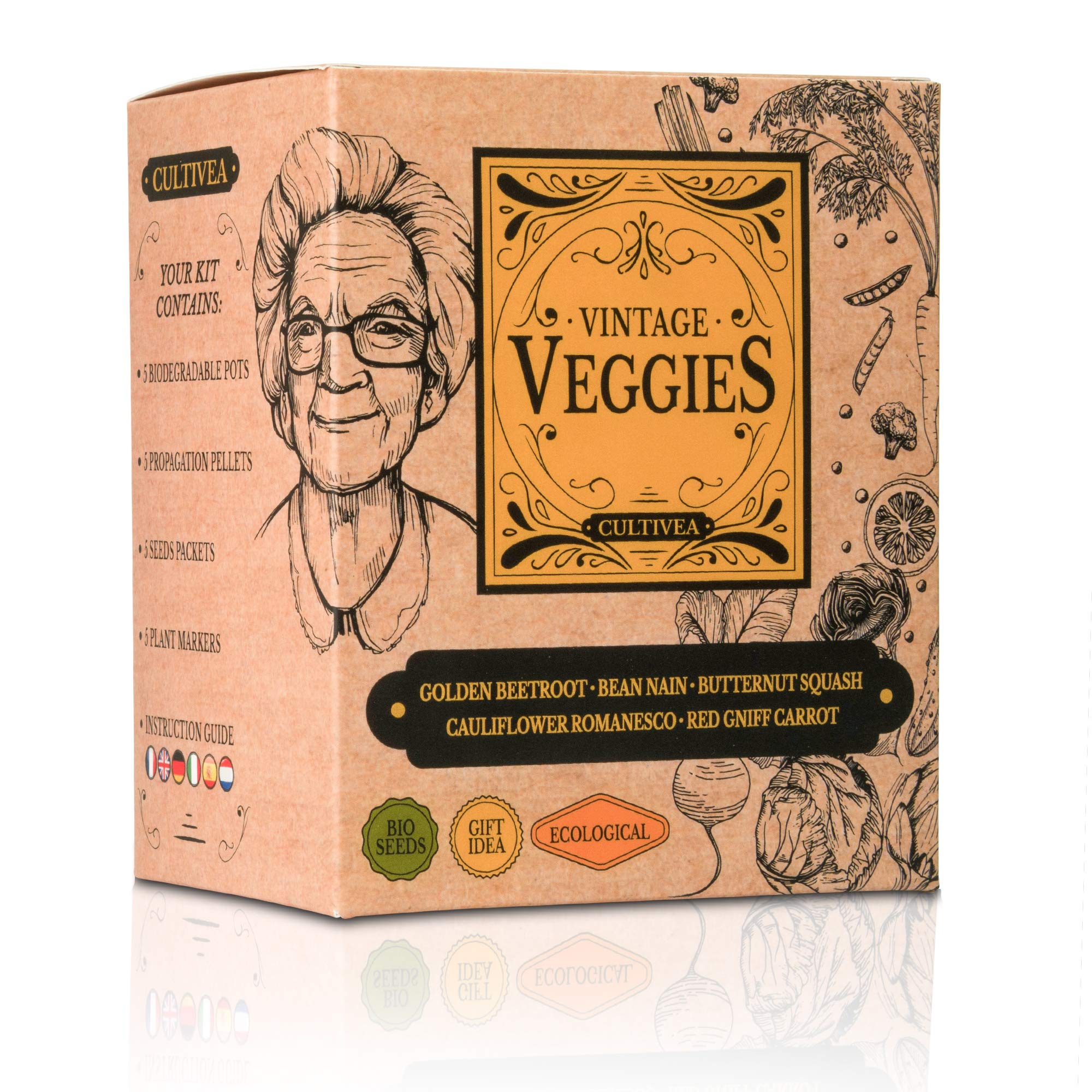 Cultivea - Vintage Veggies Mini Growing Kit - 100% Organic Seeds - Grow, Decorate and Taste - Gift Idea (Yellow Beet, Dwarf Bean, Romanesco natalino Cauliflower, Red Carrot, Butternut Squash)