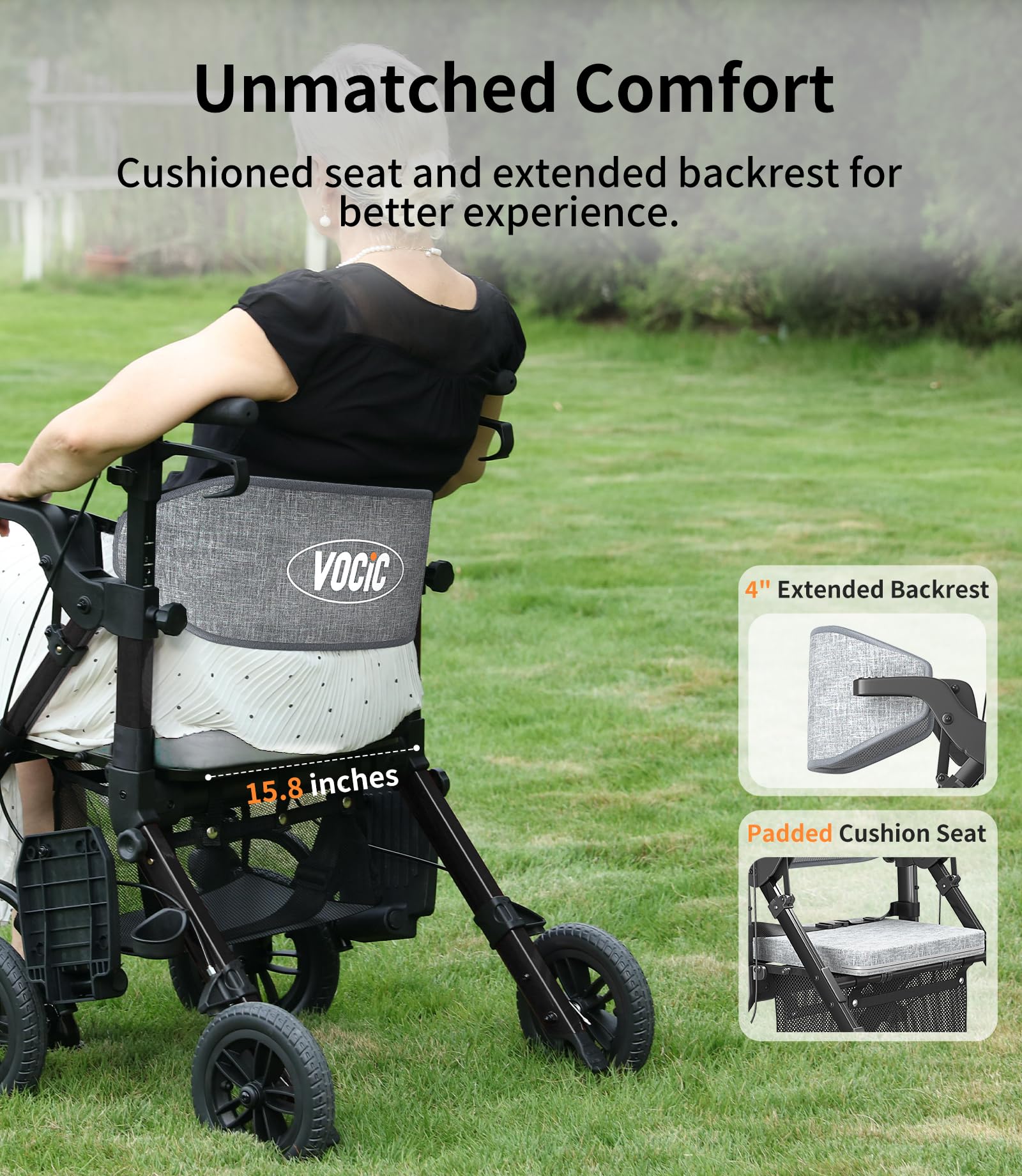 Rollator-Walkers-for-Seniors-with-Seat, Walker Wheelchair Combo, Transport-Wheelchair-Lightweight-Foldable, Adult Walkers All Terrain, 2 in 1 Rolling Walker Chair with Brakes & Pouch-2024 New