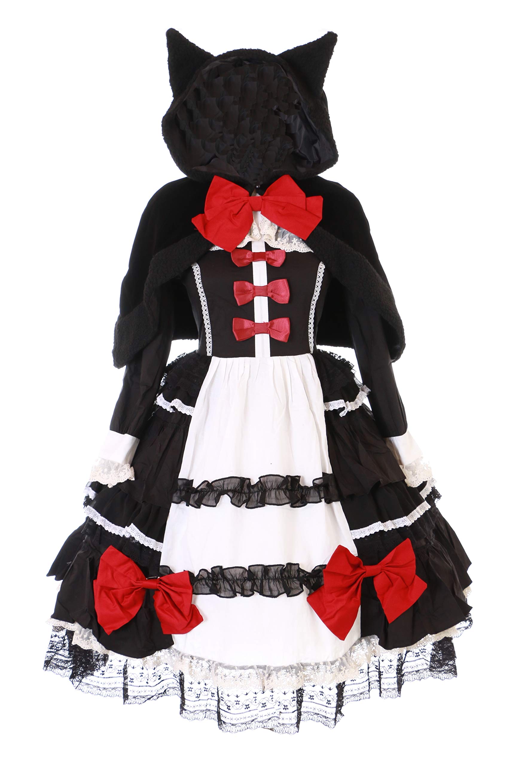 Kawaii-Story JL-657-1 Dress & Cape Black Cat Ears Bow Ruffle Long Sleeve Vintage Victorian Gothic Lolita Costume Cosplay (S)
