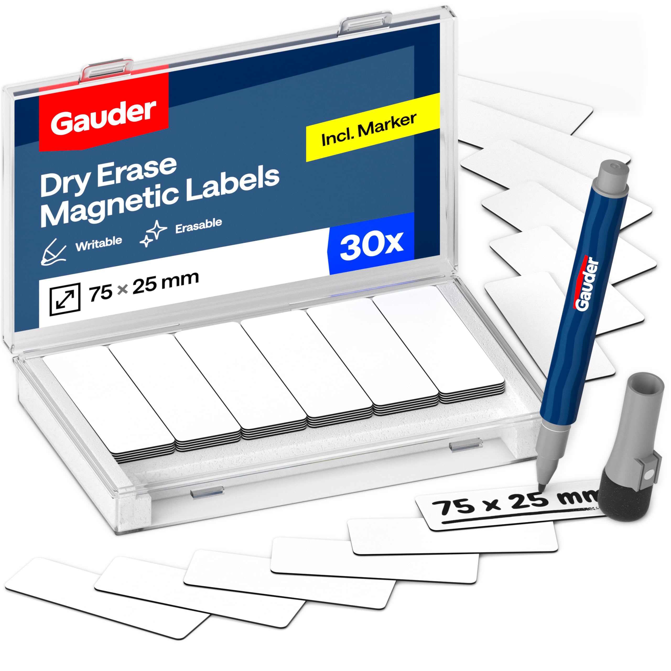 GAUDER Magnetic Labels Writable - Reusable Magnetic Tags for Whiteboard, Blackboard, Kanban Board and Fridge - Magnet Cards with Marker (30 Pieces - 75 x 25 mm)