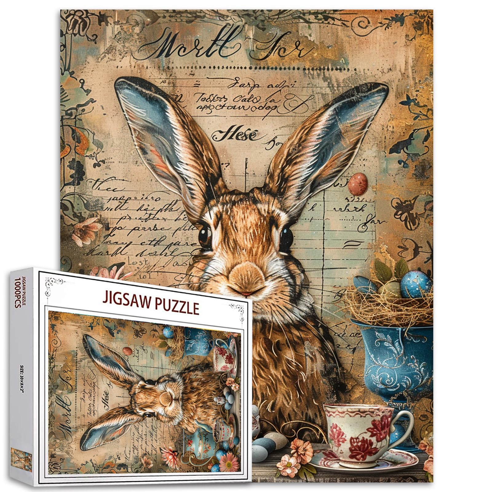 Tucocoo 1000 Piece Jigsaw Puzzles for Adults Vintage Brown Bunny Painting Jigsaw Puzzle Retro Flowers Vase 1000 Pieces Puzzles for Challenging Family Activity Game Coffee Cups DIY Puzzle Wall Decor
