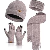 Winter Warm Beanie Hat Touchscreen Gloves Long Scarf Set for Women with Headband, Knit Cap Scarves with Tassel for Women