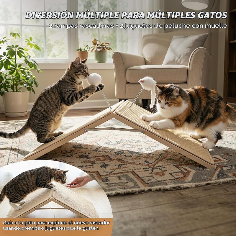 Arranhador para gatos, rampa de arranhador de sisal, tábua dobrável de madeira com 2 peluches de mola, rampa triangular para gatinhos que protege móveis, tapete antiderrapante