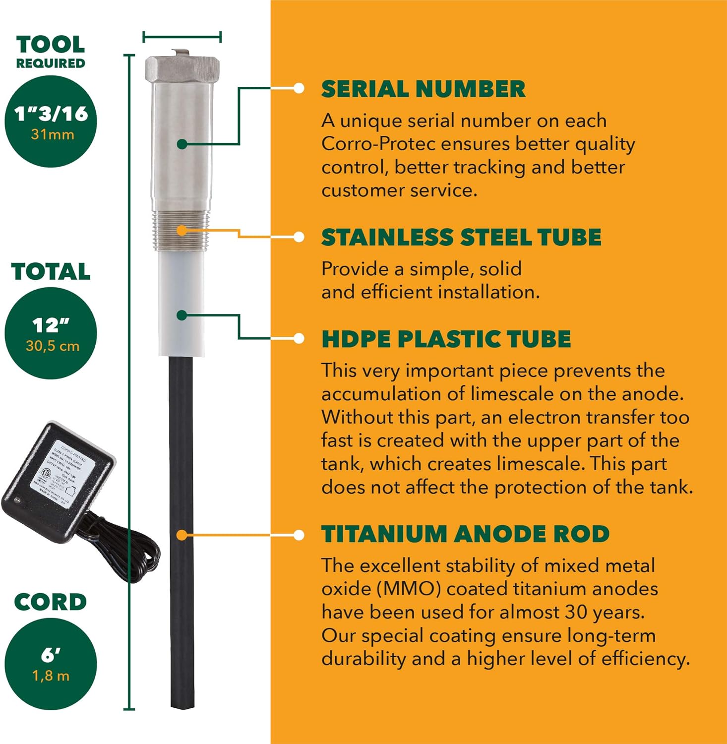 Corro-Protec CP-R Water Heater Powered Titanium Anode Rod (40-89 Gallon Tank) - Eliminate Odor (Sulfur/rotten egg smell), Corrosion and Reduce Limescale - - 