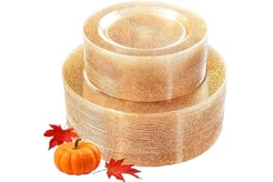 WDF 120PCS Gold Plastic Plates- Disposable Gold Glitter Plates, Premium Heavy Duty 60-10.25" Dinner Plate and 60-7.5" Salad Plate for Thanksgiving Parties &Wedding
