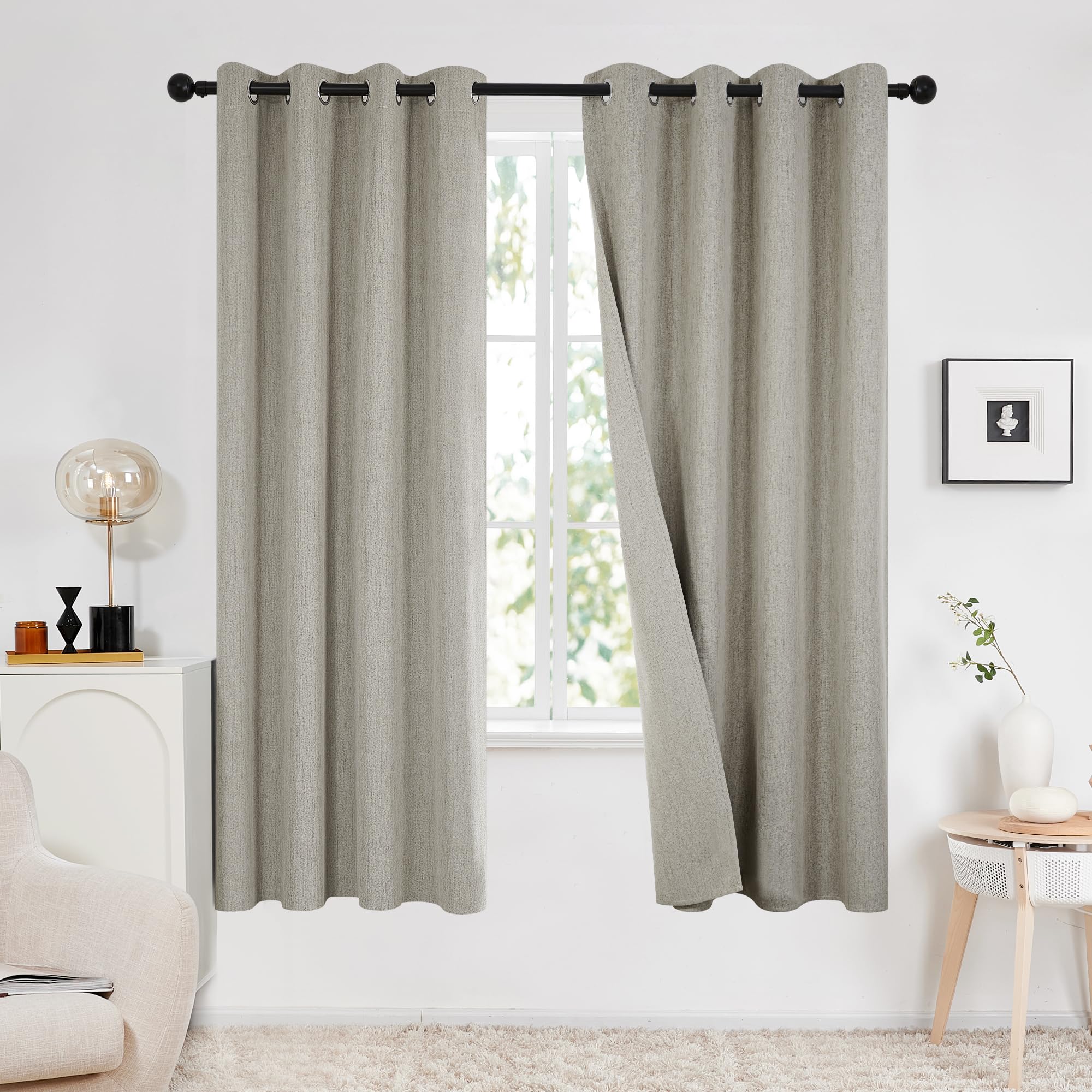 Deconovo 100% Blackout Faux Linen Curtains, Double-Sided, Thermal Insulated, Noise-Reducing, Eyelet Curtains for Bedroom & Living Room - 2 Panels (Linen Grey 46"x72")