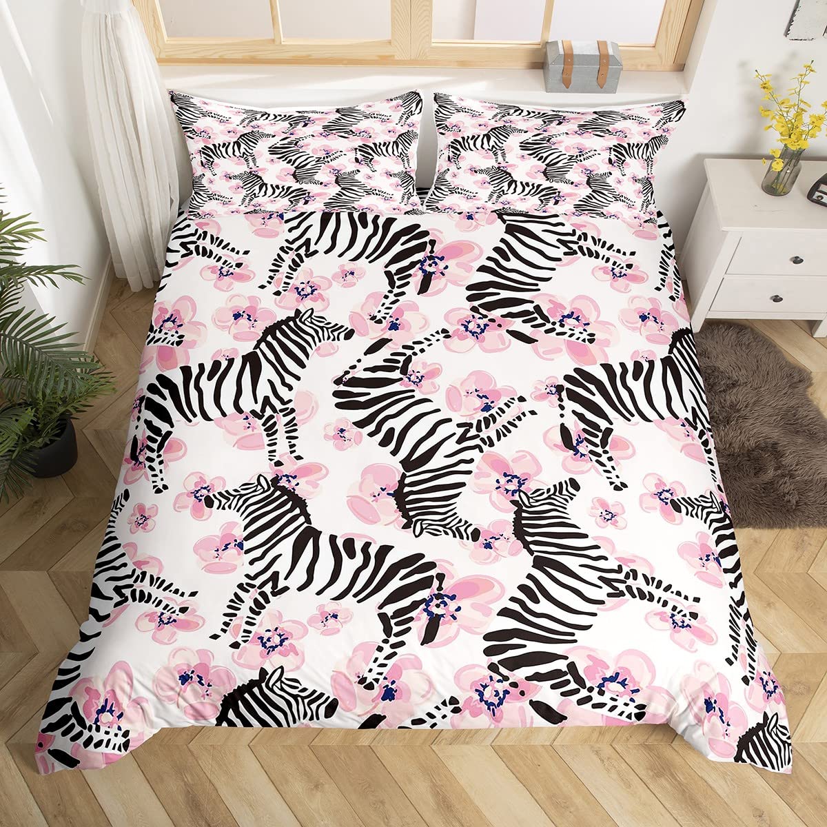 Loussiesd Zebra Duvet Cover Zebra Pink Floral Bedding Set for Kids Girls Wild Animal Comforter Cover Botanical Floral Bedspread Cover Duvet Cover Single Size