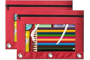 V-Opitos Pencil Pouch for 3 Ring Binder, 2 Pack Red 3-Holes Zipper Pencil Pouches, Sturdy and Durable Cloth Pencil Case with Clear Window for Office School College Supplies