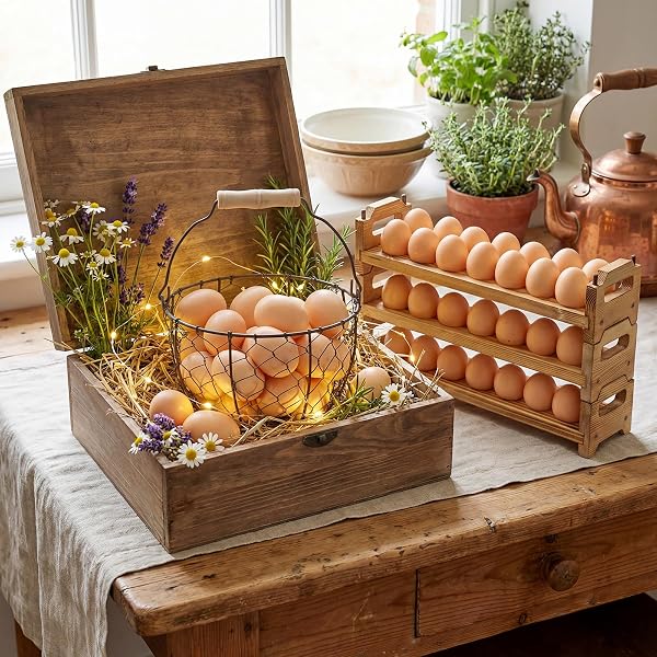 TEECYHOOO 2 PCS WOODEN EGG HOLDER COUNTERTOP AND FARMHOUSE WIRE EGG BASKET KIT WITH HANDLE STACKABLE EGGS STORAGE RACK FOR GATHERING FRESH EGGS VINTAGE HOME STORAGE KITCHEN ORGANIZER FARM CHICKEN COOP