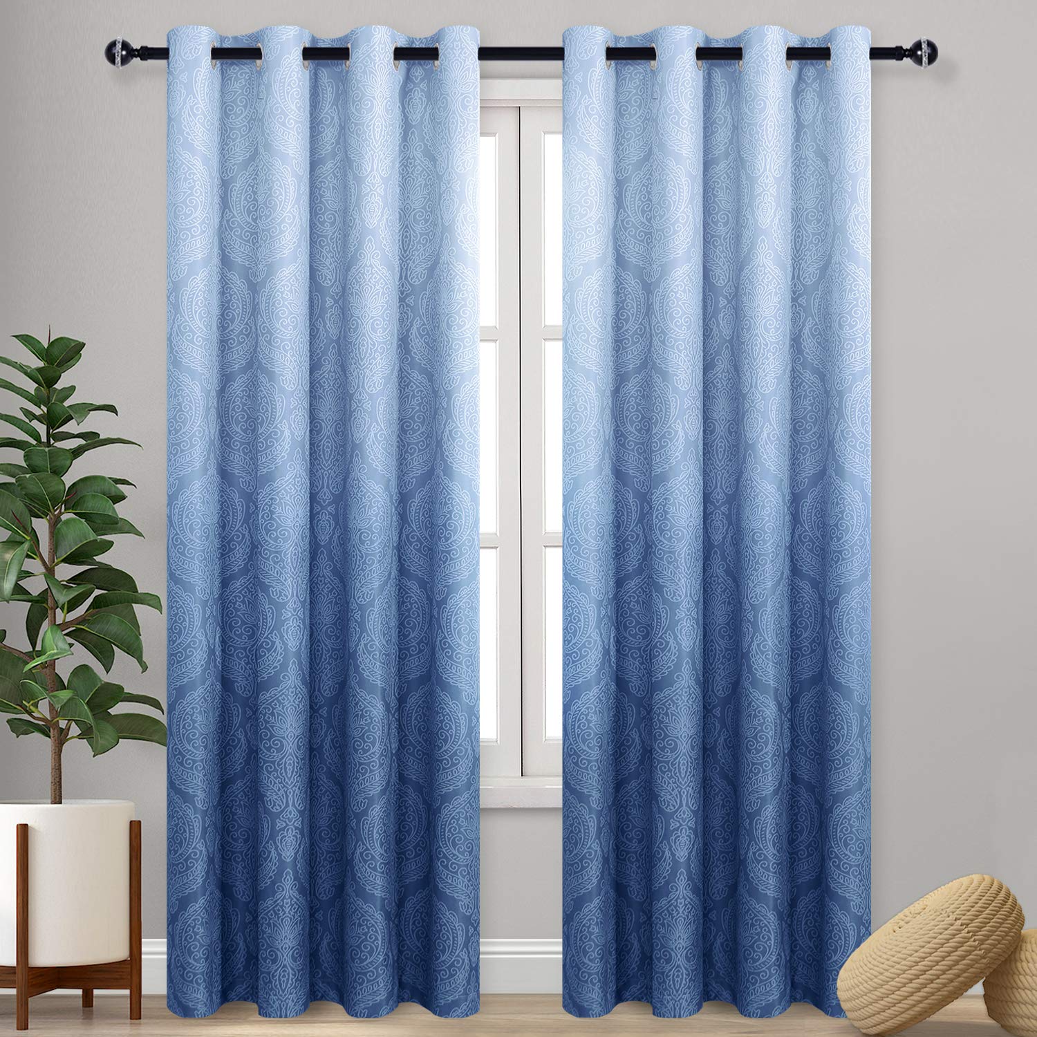 DWCN Ombre Blackout Curtains for Bedroom - Damask Patterned Thermal Insulated Energy Saving Grommet Curtains for Living Room, Set of 2 Gradient Window Curtain Panels, 52 x 84 Inches Long, Navy Blue