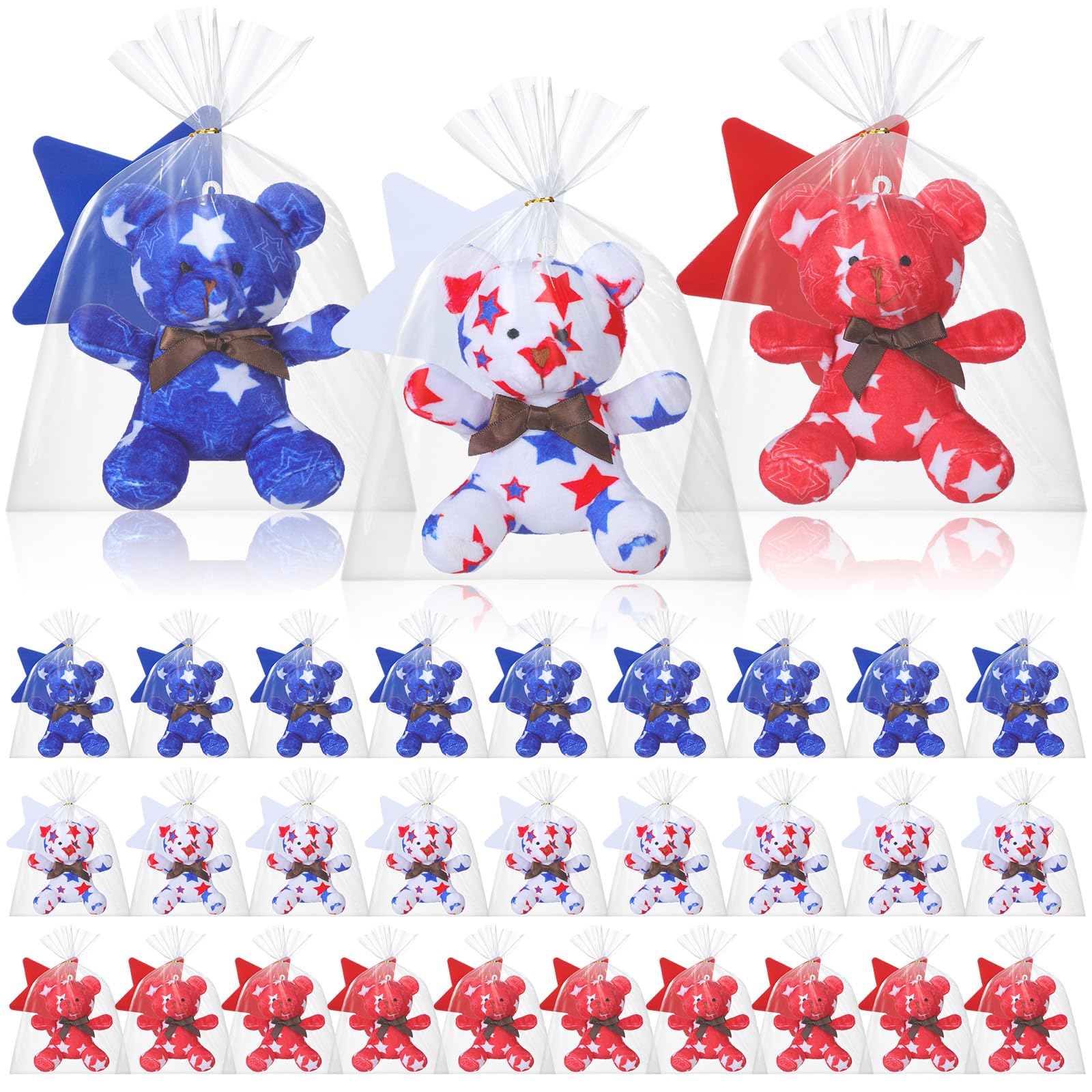 Photo 1 of Poen 27 Pack 4th of July Patriotic Stuffed Animals Bears with Red White Blue Star Cards Bulk 4th of July Gifts Mini Soft Stuffed Toys 4" Cute Plush Toy Adults Patriotic Party Favors