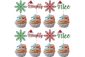 YCTHUNFISH 24 Pack Naughty Or Nice Cupcake Toppers Red Green Glitter Christmas Cupcake Picks for Naughty Merry Christmas Theme Birthday Baby Shower Party Happy New Year Cake Decorations Supplies