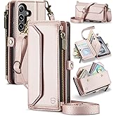 Strapurs Wallet Case Compatible with Samsung Galaxy S25 5G RFID Blocking Card Holder Soft PU Leather Magnetic Snap Shoulder Strap Zipper Pocket Phone Case Fit for Galaxy S25 - Rose Gold