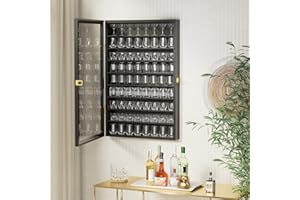 tonchean Shot Glass Display Case 72 Large Capacity Wooden Shot Glass Holder Wall Mounted Shadow box Bar Cabinet with Acrylic Lockable Door and Removeable Shlves, 26.85"x17.5" x 3.35", Black