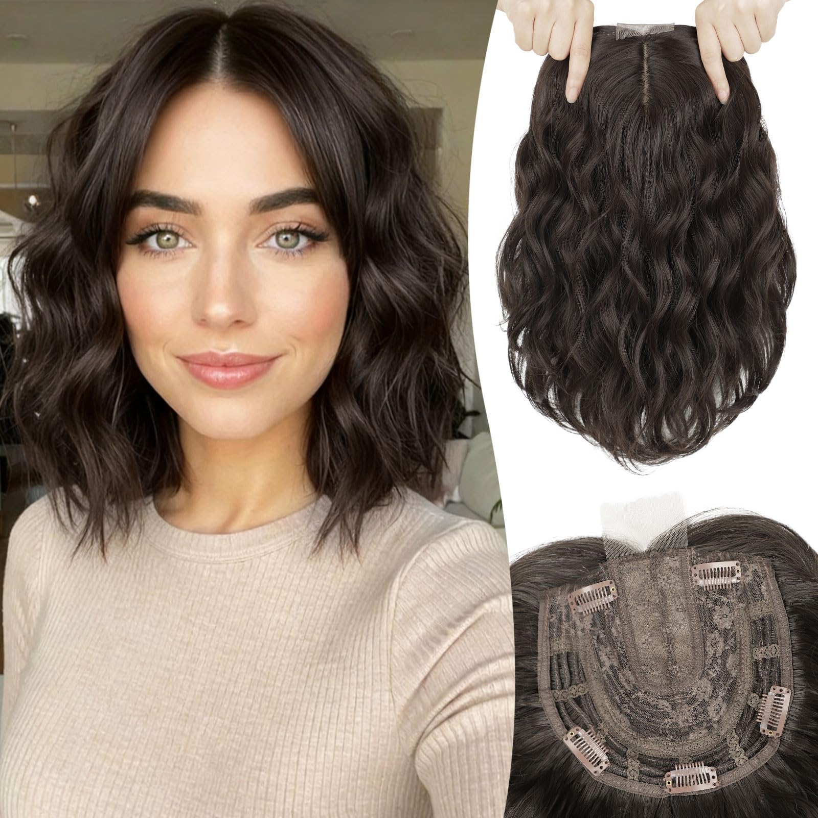 Photo 1 of Lommel Short Wavy Hair Toppers for Women 12 Inch Hair Topper with Thinning Hairs Natural-Looking Wiglett Lightweight & Add Volume Hairpiece for White Roots Cover for Daily(Dark Brown)