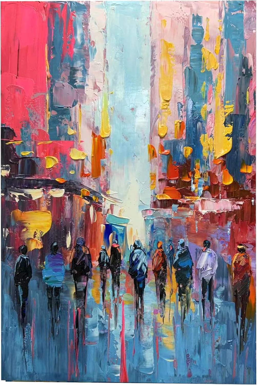 Paintings - Boieesen Art,24x36Inch Pure Hand Painted Abstract Cityscape Oil Painting City Walk Wall Art City Scene Canvas Artwork Handmade Paintings Wood Inside Framed Ready to Hang Home Décor