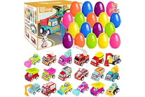 Atiger 18 PCS Easter Egg Fillers with Toys Inside, Easter Basket Stuffers Filled Pull Back Engineering Vehicles Plastic Eggs Party Favors for Kids Easter Egg Hunt Gift for Boys Girl