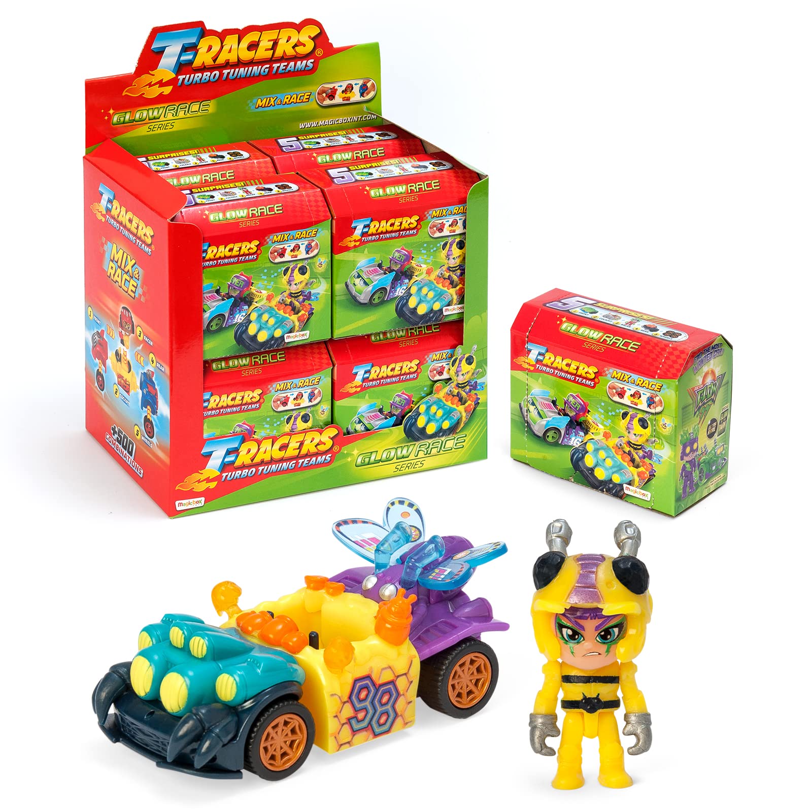 T-RACERS Glow Race Series – Full set of T-Racers. Collectible surprise cars and drivers. Cars can be taken apart piece by piece, and parts are interchangeable