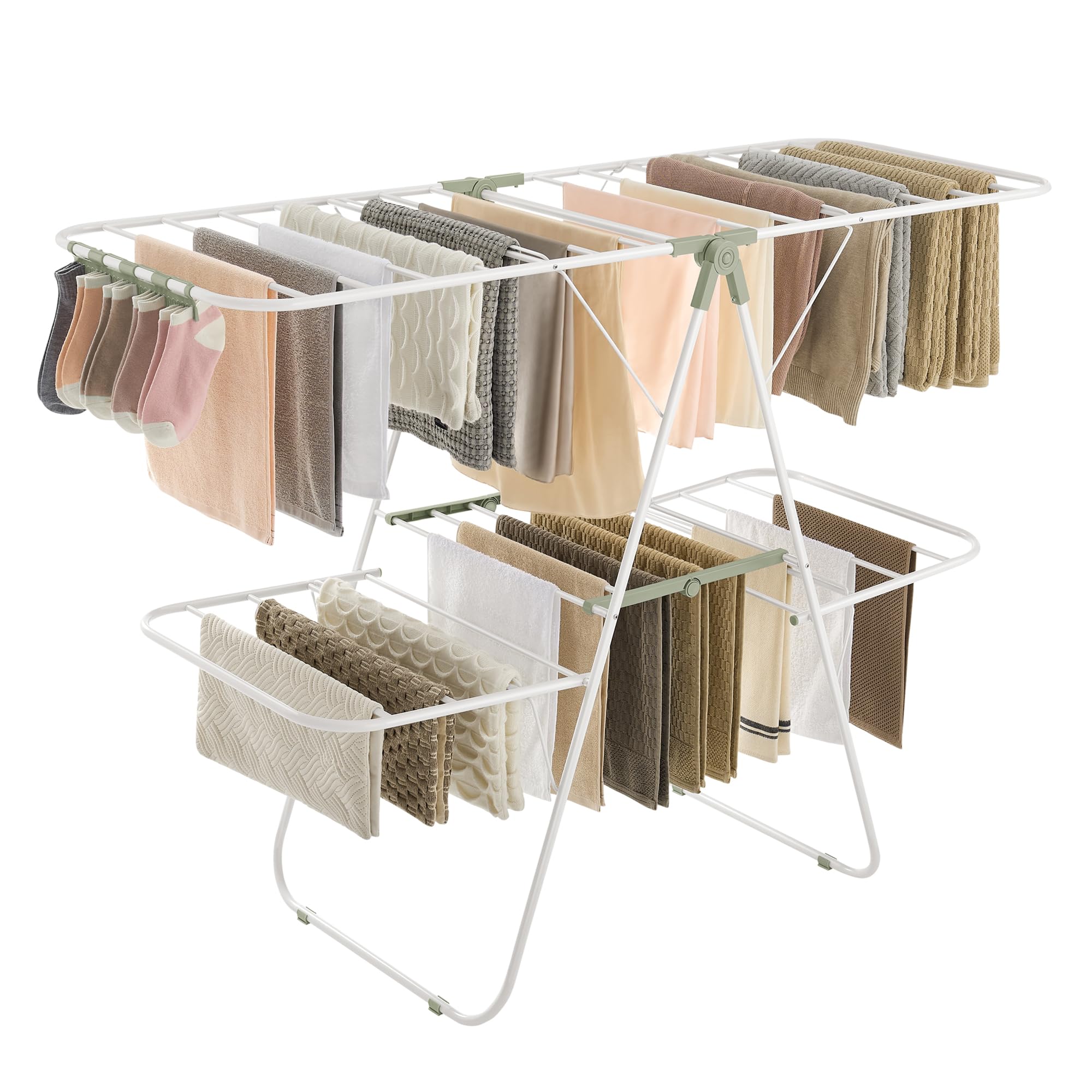 SONGMICS Clothes Drying Rack, Foldable 2-Level Laundry Drying Rack, Free-Standing Laundry Airer, with Height-Adjustable Wings, 33 Drying Rails, Sock Clips, White and Green ULLR053C01V1 Image