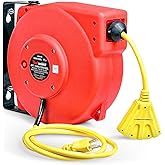 ReelWorks Retractable Extension Cord Reel Polypropylene 12AWG x 40' Foot Industrial Commercial Grade 3C SJT Cable Triple Tap 
