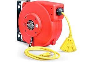 ReelWorks Retractable Extension Cord Reel Polypropylene 12AWG x 40' Foot Industrial Commercial Grade 3C SJT Cable Triple Tap Connector 15A 125VAC 1875W 60Hz Current Interrupter Best for Indoor Use