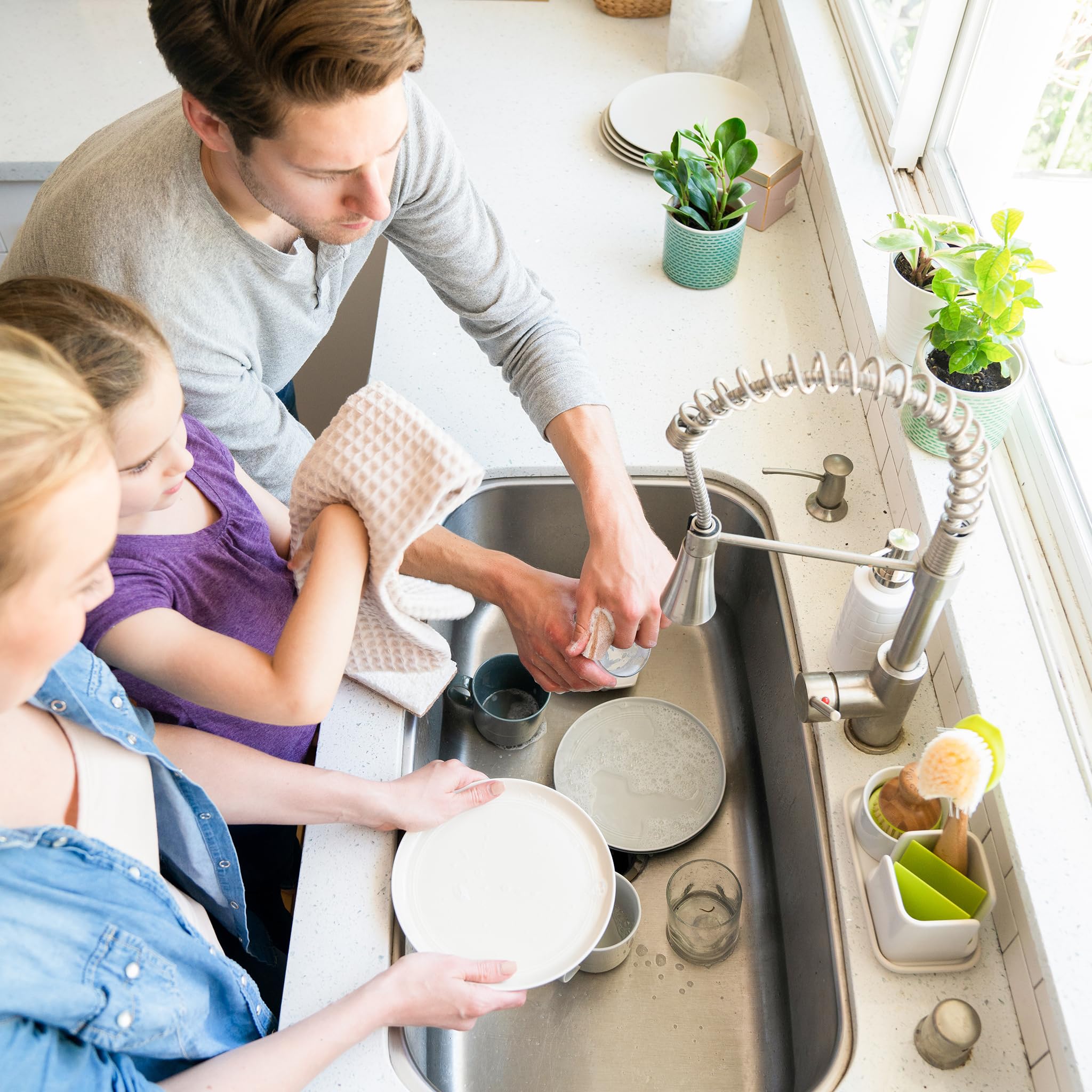 Full Circle Stash, Ceramic Kitchen Sink Caddy, Stylish Modular Sponge Holder & Dish Brush Organizer, Green and White, 11