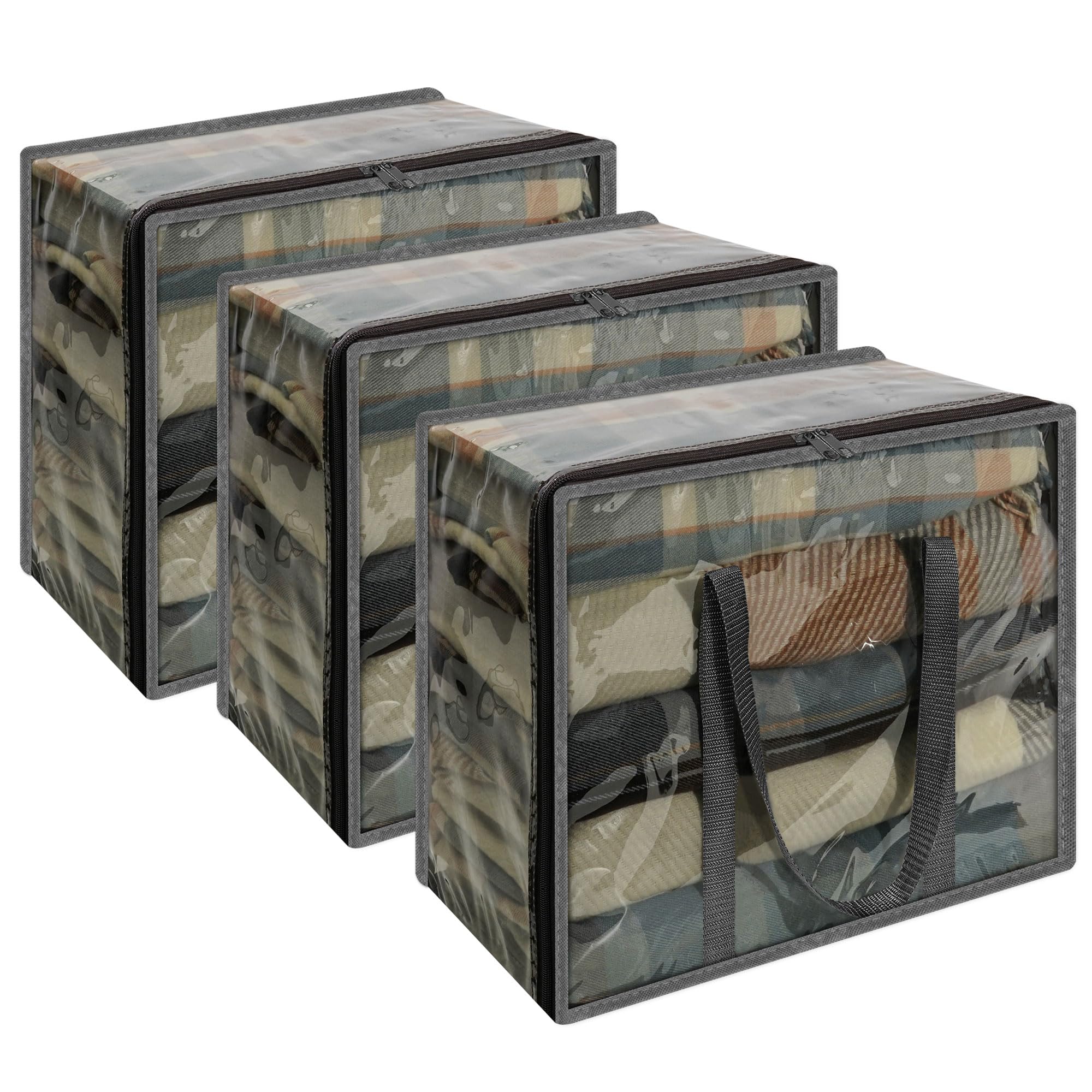 Vieshful 3 Pack Clear Storage Bags Clothes Storage Bags with Zips 40L Transparent Underbed Storage for Clothing, Blankets, Duvet, Pillow, Grey
