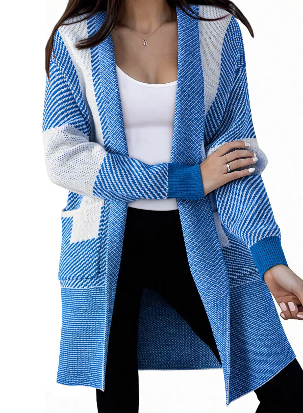 Photo 1 of Astylish Plus Size Long Sleeve Cardigan Tops for Women Striped Patchwork Knit Open Front Casual Fall Sweaters Business Work Winter Outwear Sky Blue X-Large