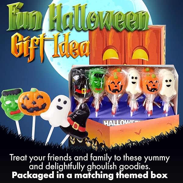 FUSION SELECT CANDY LOLLIPOPS – HALLOWEEN SUCKERS – TRICK OR TREAT CANDIES FOR KIDS – FRANKENSTEIN’S MONSTER, JACK O LANTERN, GHOST & WITCH HAT SWEETS – INDIVIDUALLY WRAPPED – 30 PER BOX