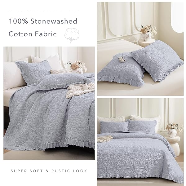 QSH CORNFLOWER BLUE STONEWASHED COTTON OVERSIZED KING QUILT BEDSPREAD SET(128″X120″),3PCS FARMHOUSE RUFFLE BEDSPREAD CALIFORNIA KING,ULTRA SOFT LIGHTWEIGHT CRINKLE QUILT COVERLET WITH PILLOW SHAMS