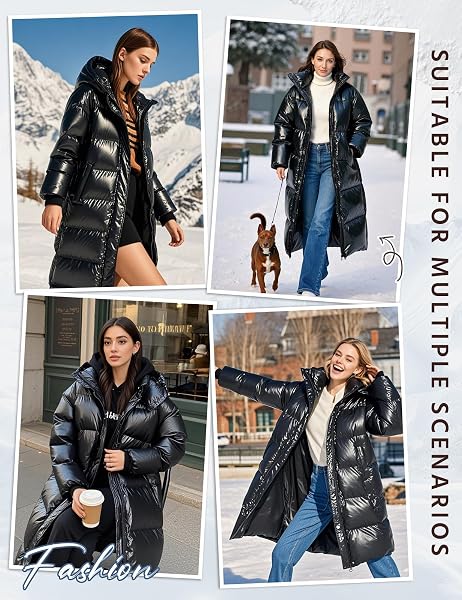 UIKUE WOMENS PUFFER COATS – LONG WINTER QUILTED JACKET FULL ZIP WINDPROOF PUFFY COAT THICK WARM OUTERWEAR HOODED PARKA WITH POCKETS(GLOSSY BLACK,S)