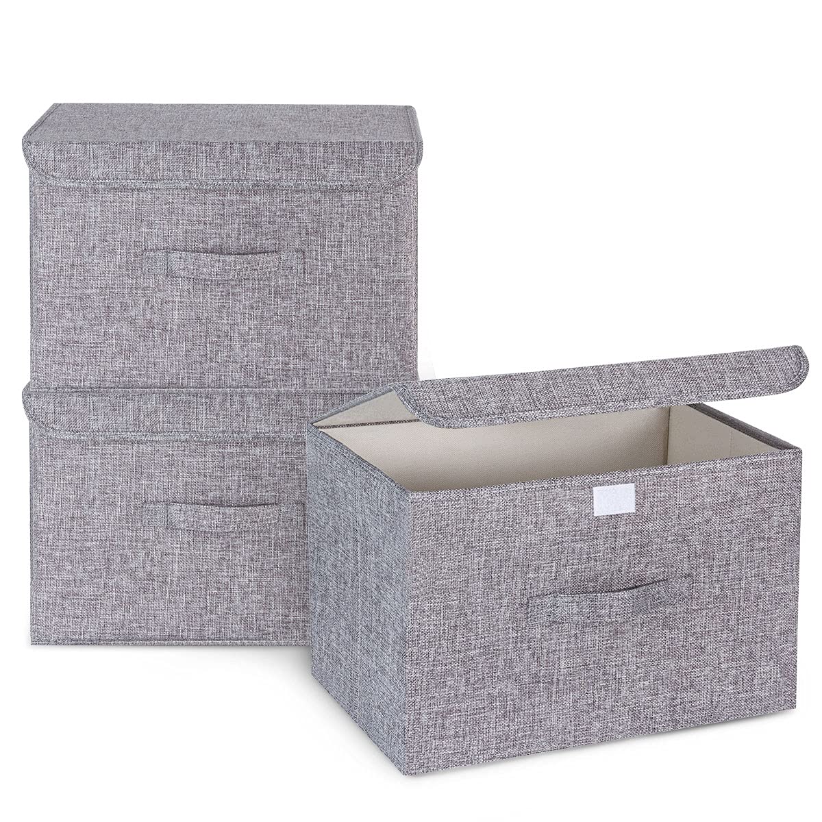 Booxihome 3Pcs Fabric Storage Boxes With Lids For Wardrobe Clothes Toy Foldable Linen 37 * 24 * 25cm (Grey)