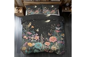 Butterfly Moon Floral Duvet Cover Twin Size, Bohemian Botanical Flower Bedding Set 2 pcs with 1 Pillow Cover, Wildflowers Bed
