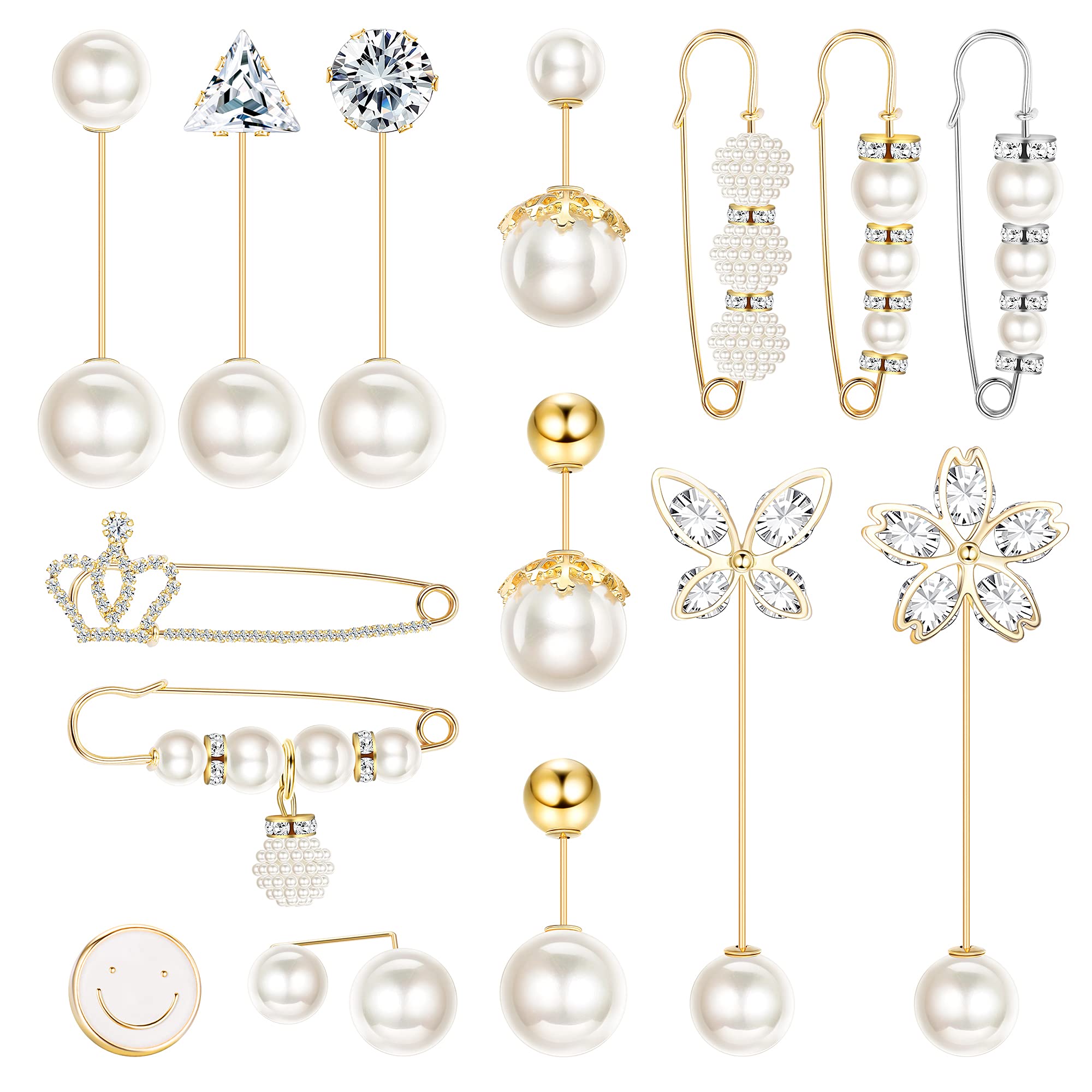 KALVICA 15PCS Women Brooch Pin Set Pearl Brooch Sweater Shawl Clips Faux Crystal and Pearl Brooches for Women Girls Ladies