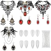9 Pcs Halloween Vampire Costume Gothic Jewelry Set Devil Accessories Choker Earrings Set Include Vampire Teeth Fangs, Gothic Lolita Red Pendant Choker Jewelry for Victorian Vampire Cosplay and Wedding