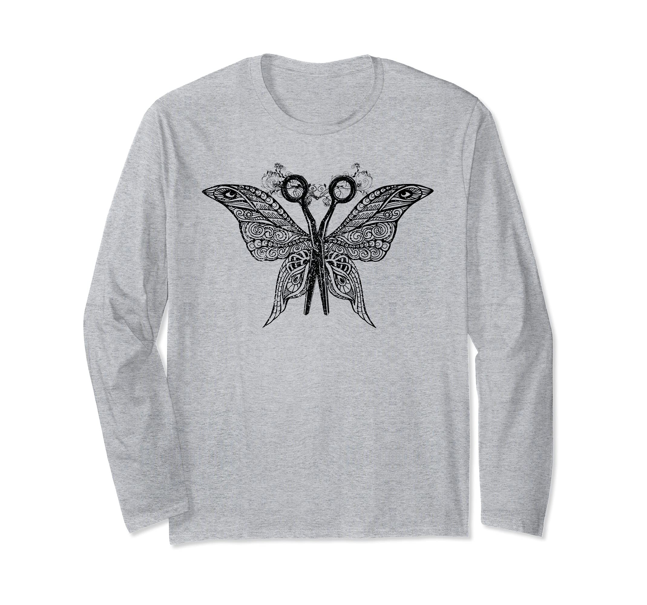 Hairdresser Goth Girl Hustler Butterfly Tattoo Art Scissors Long Sleeve T-Shirt
