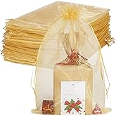 HRX Package 100pcs Large Organza Bags, 8x12 inch Gold Mesh Gift Drawstring Pouches Goodie Bags for Christmas Shower Party Favors Samples
