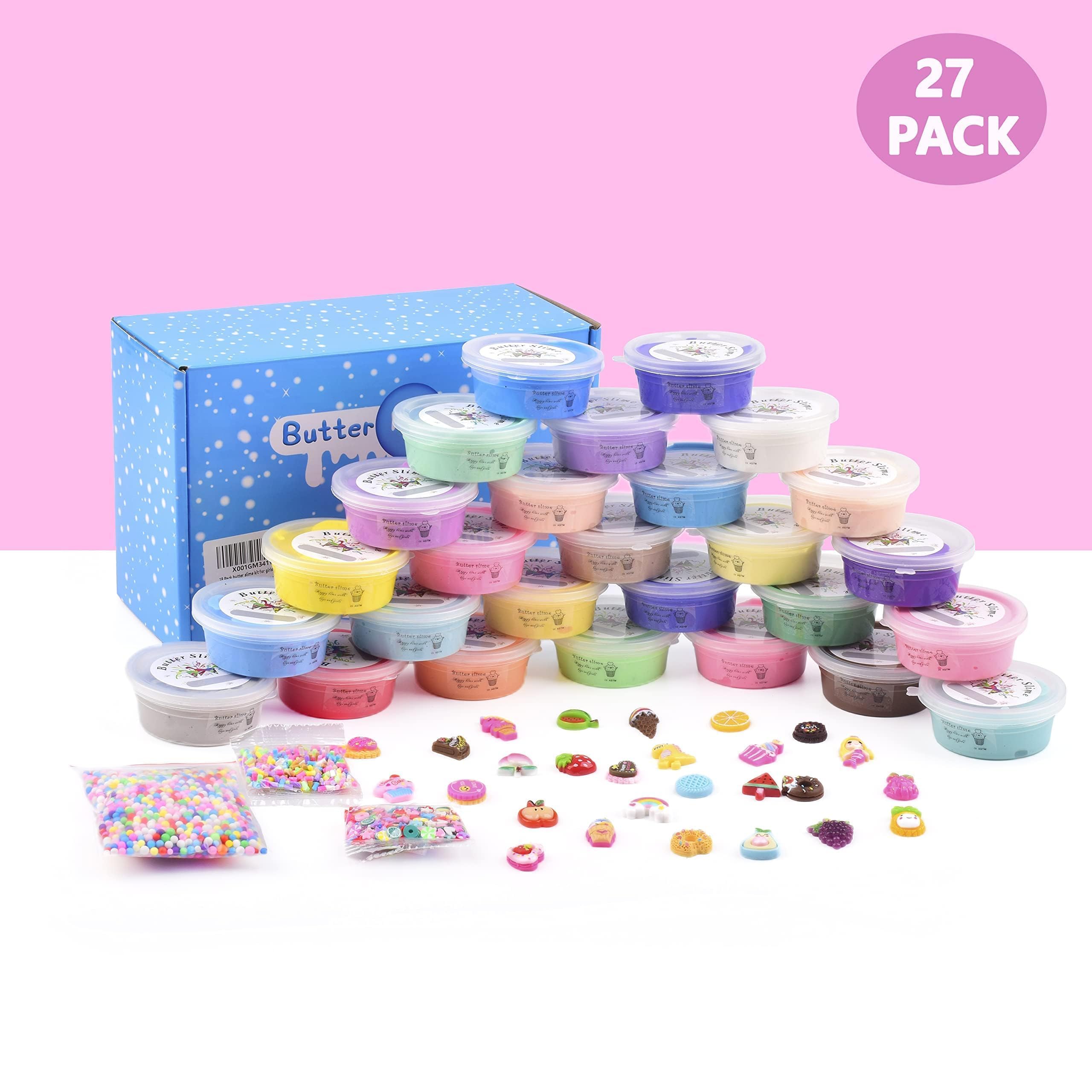 Butter Slime Kit 27 Pack, with Candy, Ice Cream, Fruit Etc, Cute Fun Charms Scented Slime for Kids Party Favor, Stress Relief Toy for Girls and Boys, DIY Slime Soft Not Sticky and Stretch