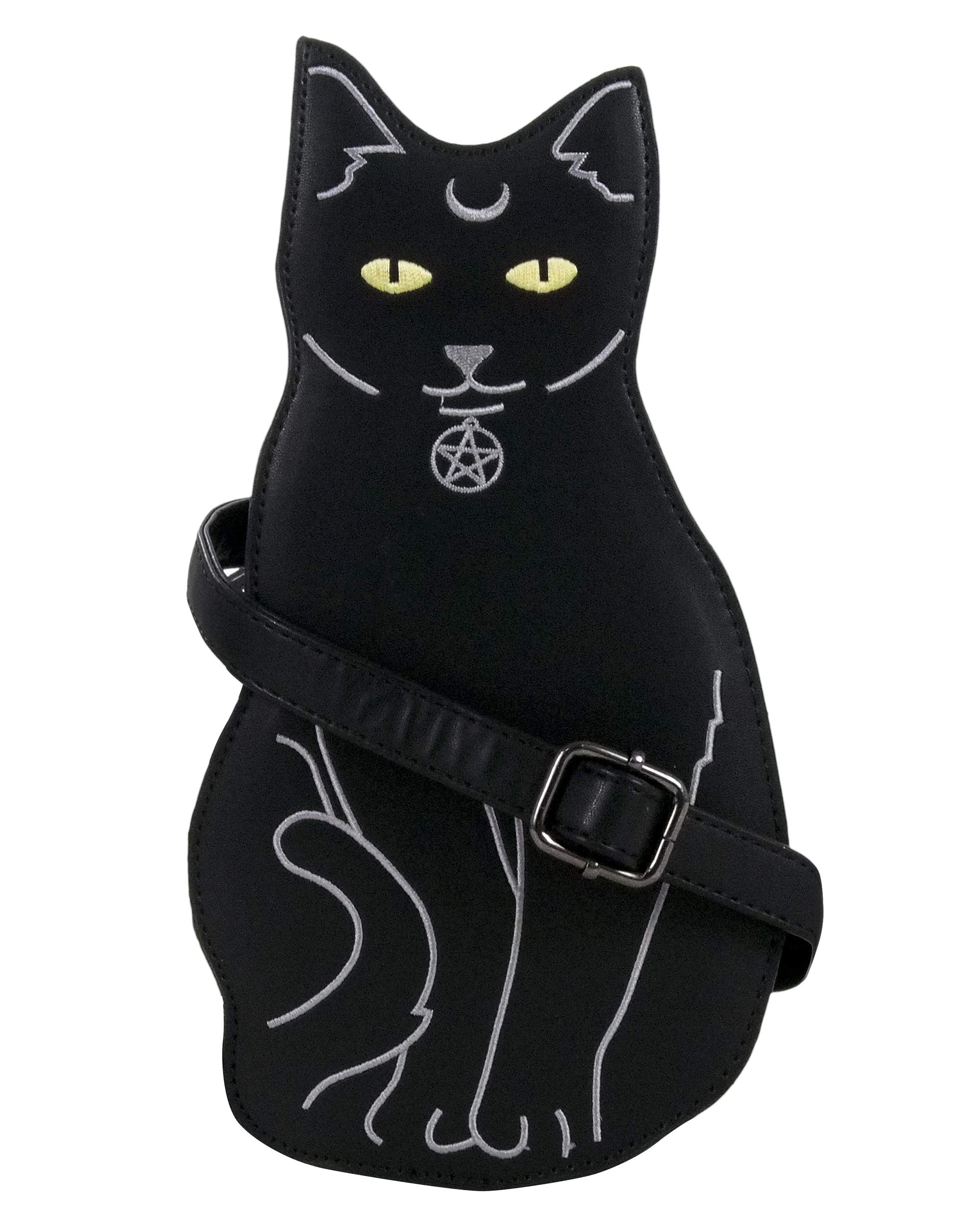 GOTHX GOTHIC BLACK PAGAN CAT SHOULDER BAG Ladies Long Strap Vegan Leather Black Handbag Occult Witch Craft Punk Rock Goth Travel Festival Bag