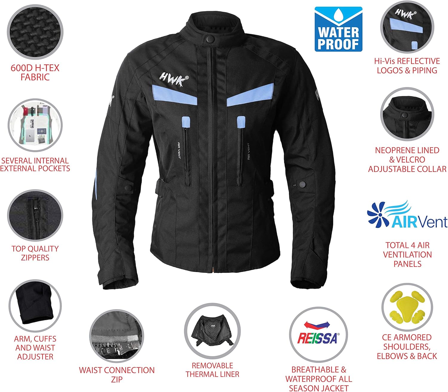 Women's Motorcycle Jacket For Women Stunt Adventure Waterproof Rain Jackets CE Armored Stella (Sky Blue, XL): Automotive
