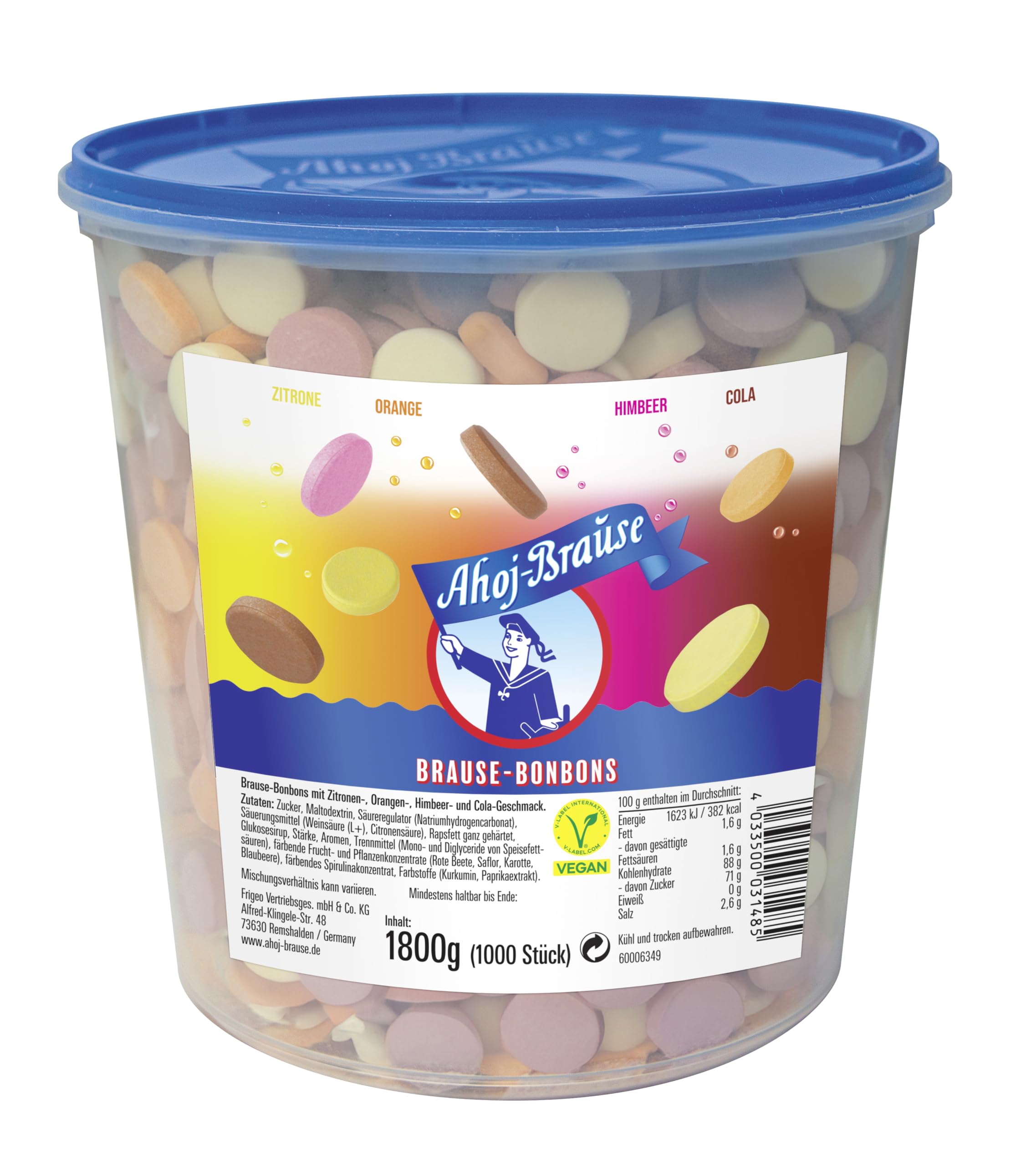 Frigeo Ahoj-Brause, Die Klassiker: runde Bonbons in den vier Geschmacksrichtungen Zitrone, Orange, Himbeere und Cola, 1000 Stück im Eimer (1,8kg)