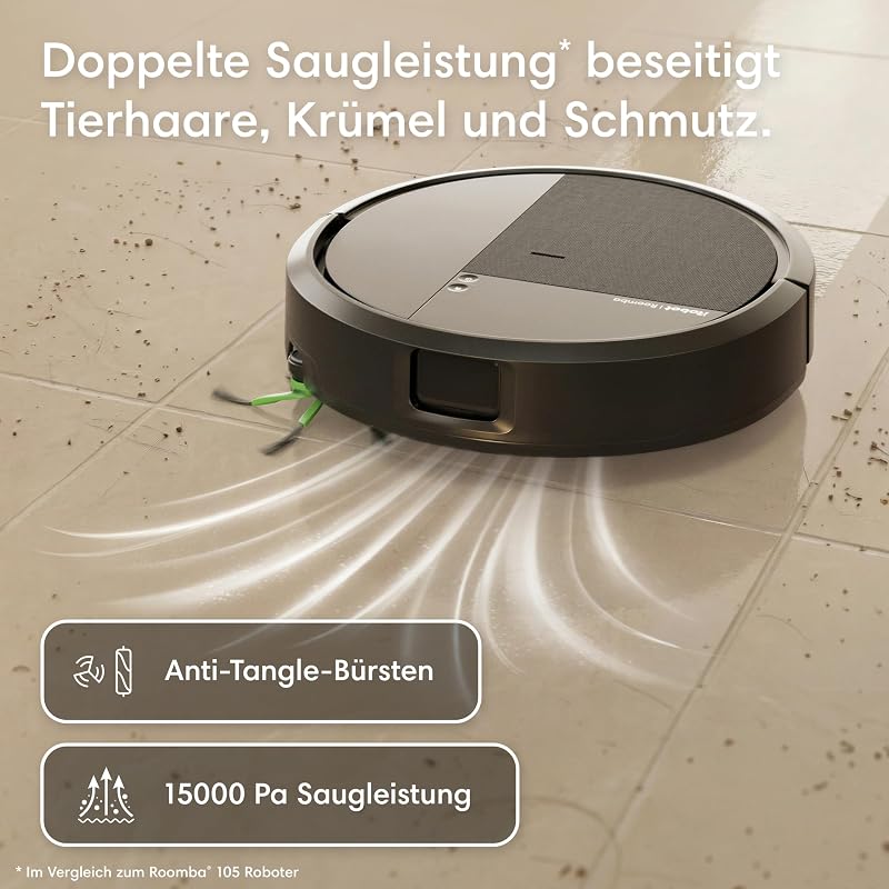 Roomba® 115 Combo Saug- und Wischroboter + AutoEmpty™ Dock, 15k Pa Saugleistung, Bürsten und Wischpad reichen, Navigation mit Clearview™ LiDAR, Schwarz