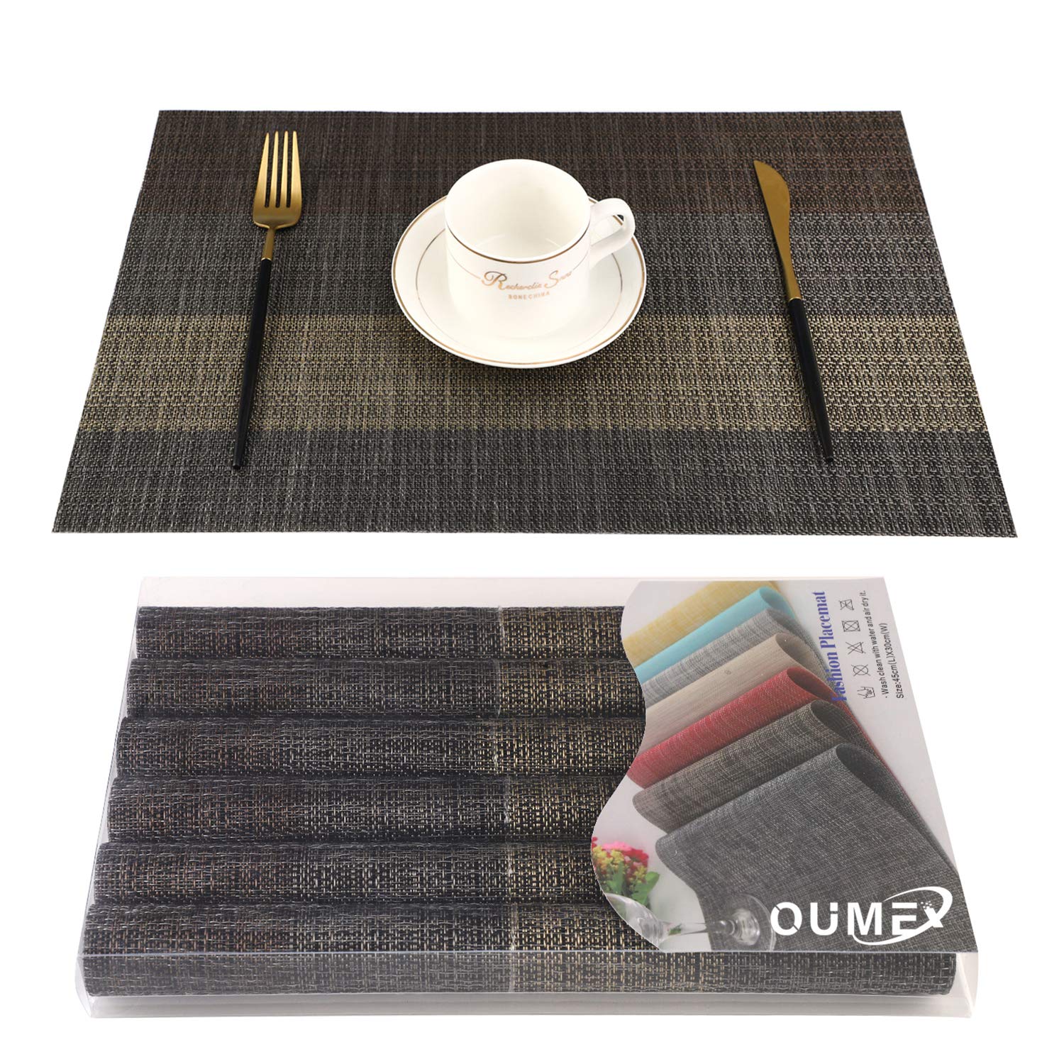 OUME Placemats Set of 6 Dining Table Mats Woven Vinyl PVC Placemats Non-slip Heat-resistant Washable Place Mats (Black Brown)