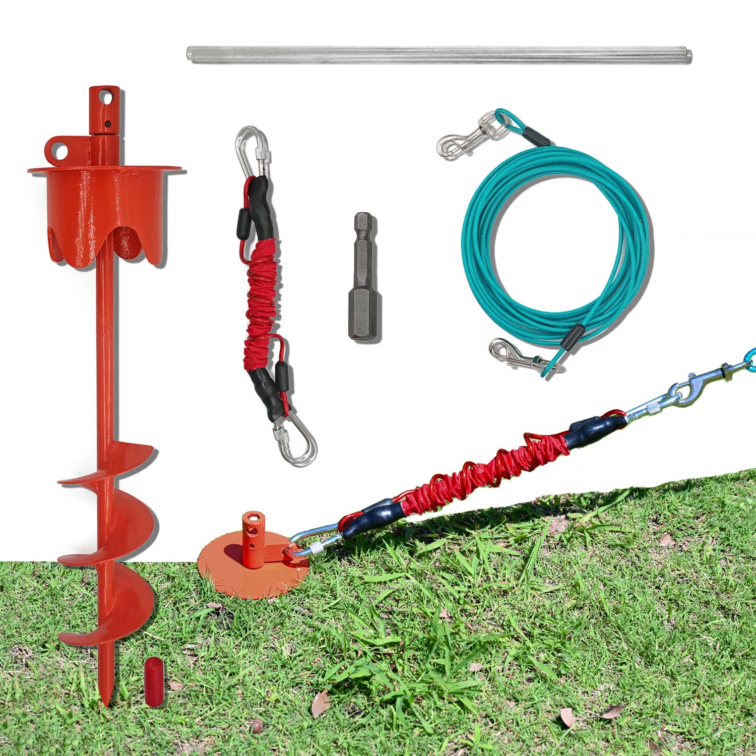 Photo 1 of Tyalez Dog Stakes for Outside Heavy Duty Hold up to 350Lbs Large Dogs Tie Out Tether Leash Chain for Yard Screw in Ground Anchors 17inch with Buffer Rope, 25 FT Steel Cable