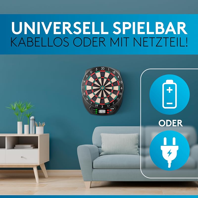 [DAS ORIGINAL] - Elektronische Dartscheibe Profi - Dartboard mit 6 Darts [kabellos nutzbar] - Innovativer Dartautomat mit 65 Varianten - Double IN & Double Out - für 1 bis 8 Spieler