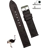 22mm Flat Dark Brown Ostrich Leather Watch Band Men Quick Release Handmade Leather Strap, Slim Replacement Wristband Stainless Steel Buckle, Christmas Father's Day Gift for Dad Husband DH-NO-183-22MM