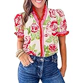 Cicy Bell Womens Summer Floral Print Tops Casual Puff Short Sleeve Ruffle V Neck Button Down Shirts Patchwork Boho Blouses