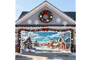 Pnylzzyxh Christmas Garage Door Cover Decorations Banner Christmas Backdrop 16x7ft Polyester Candyland Village Town Backdrop Cartoon Snowhouse Candy Cane Outdoor 2 Car Holiday Garage Door Cover