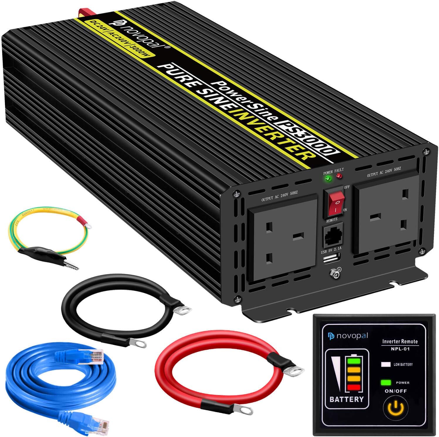 Novopal 3000W 6000W Pure Sine Wave Inverter 24V DC to 240V AC Power Converter with 2 UK Sockets,1 USB,16.4FT Remote Control