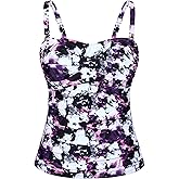 Hilor Women's Underwire Tankini Top Swimsuit Ruched Tummy Control Bathing Suit Tops Retro Slimming Swim Top Swimwear Only